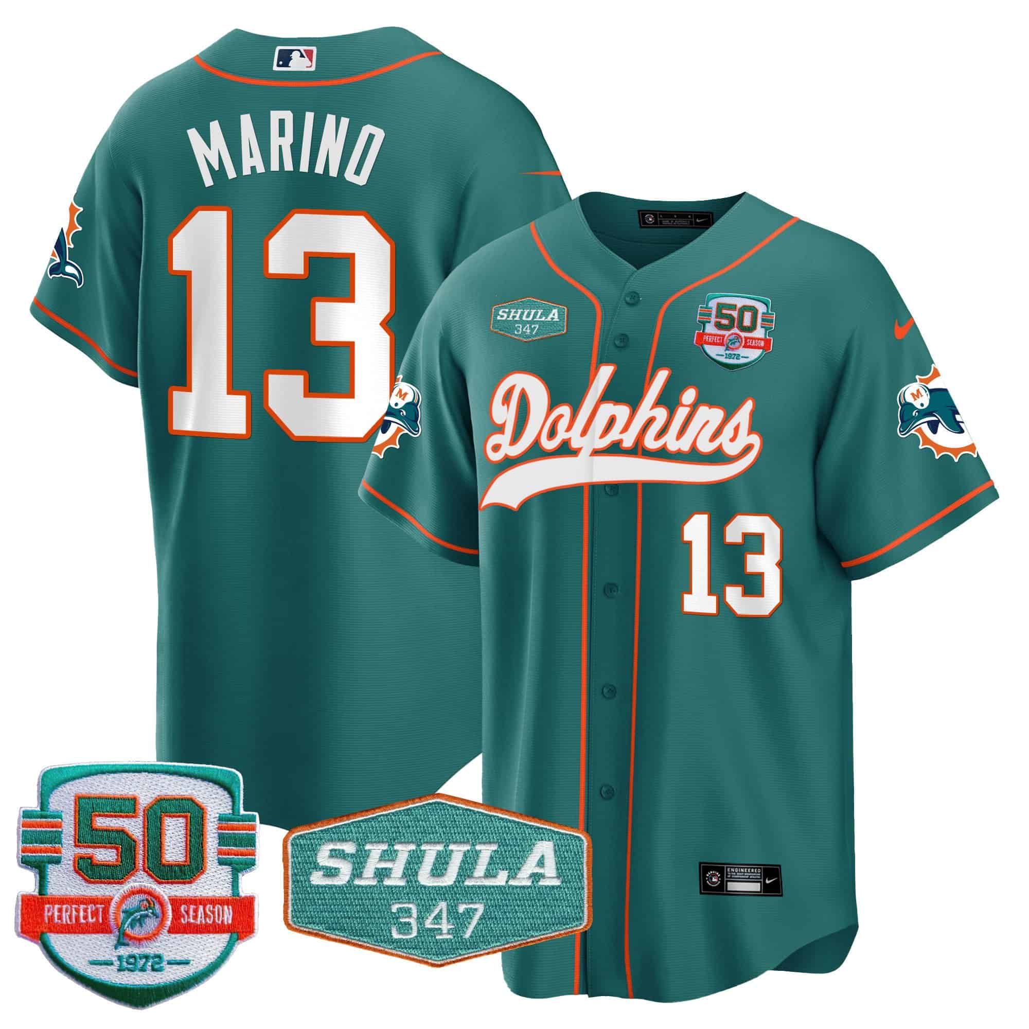 Men Miami Dolphins #13 Marino Green 2024 Nike 50th Don Shula Memorial Patch Baseball NFL Jersey style 1